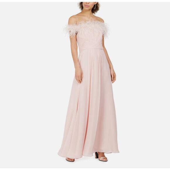 Eliza J Off the Shoulder Evening Gown Size 12 Pink Chiffon Feather Trim A-Line - Picture 10 of 12